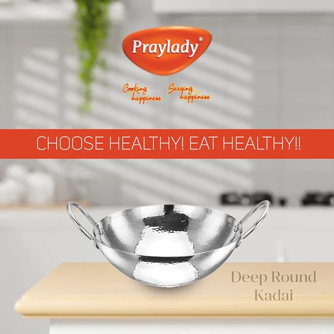 Praylady Stainless Steel Kadai with Handle Traditional Series 2mm Capacity 1.5 Litre Silver