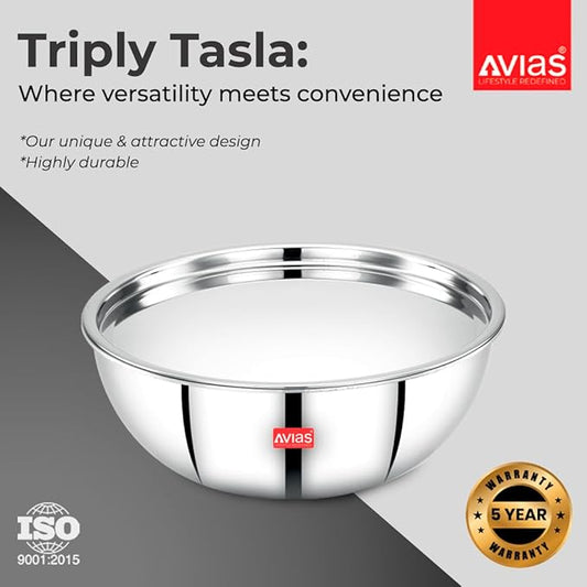 Avias Riara Triply Tasla with Lid Stainless Steel Tasla kadai 3 Layered Cookware 2.5mm Thickness 3.5 litres 26cm