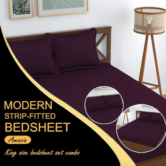 Fresh From Loom 240 TC Satin Striped Elastic Fitted Bed Sheets King Size Bed with Two Pillow Cover Wine