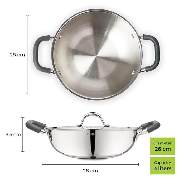 Allo Triply Stainless Steel Kadhai with Handles Perfect Kadhai for Curry 26cm 3 litres Non-Stick with Lid