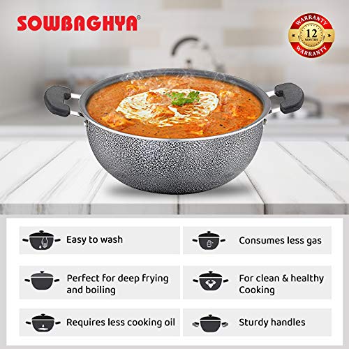 Sowbaghya Aluminium Non Stick Deep Kadai with Stainless Steel Lid (2 LTR, Grey)
