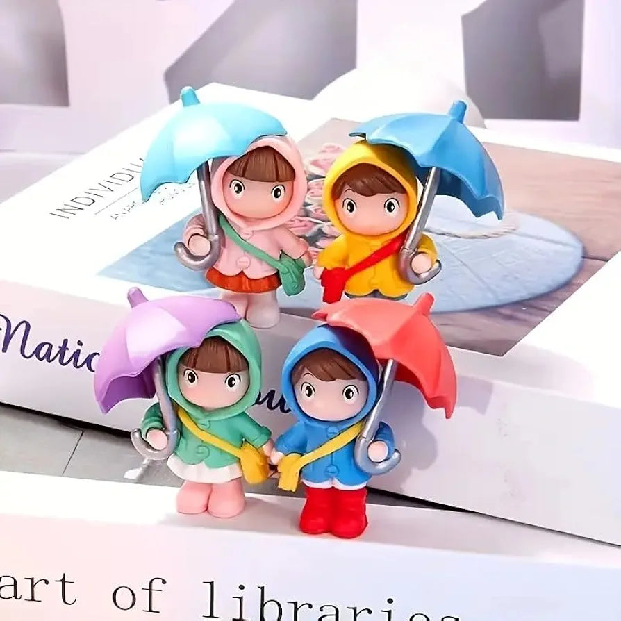 Satyam Kraft Resin 4 Pcs Miniature Cute Brother Sister Figurines with Open Umbrella