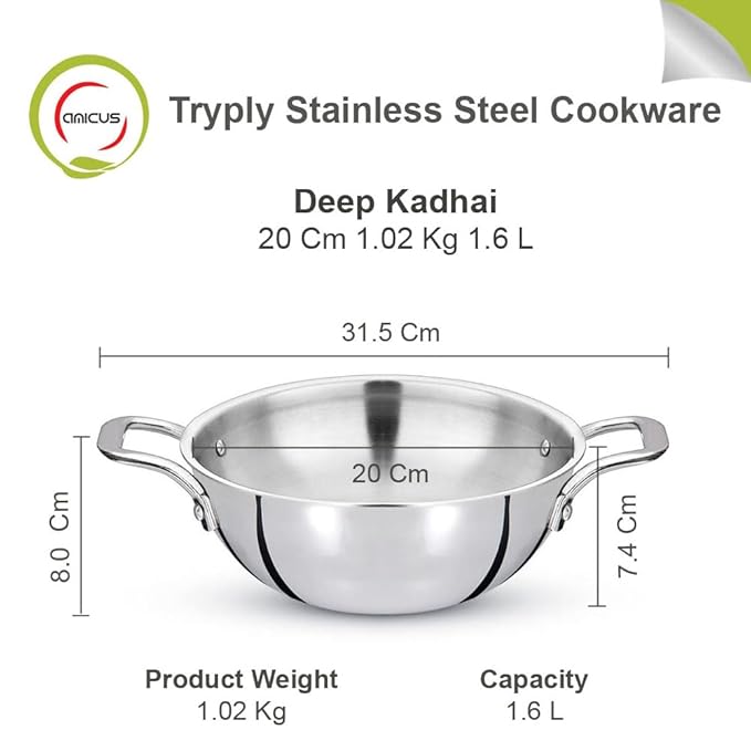 Amicus Triply Stainless Steel Deep Kadai Kadhai for Cooking Stirfry Deepfry Induction Friendly Pan 20 Cm 1.6 Litre
