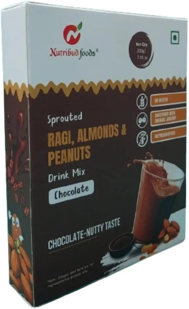Nutribud Foods Sprouted Ragi, Almonds & Peanuts Drink Mix - | Chocolate Milk Mix Powder, Sweetened with Jaggery Powder , Chocolate Nutty Taste