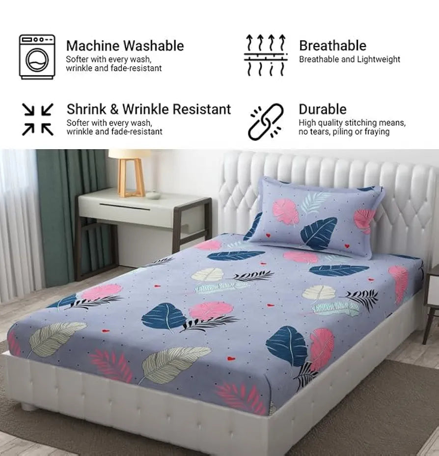 Fresh From Loom Floral Microfiber Single Size Single Bedsheet with 1 Pillow Covers 144 TC Zenith Blue