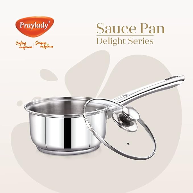 Praylady Stainless Steel 3 Ply Base Sauce Pan with Glass Lid Delight Series 18 Cm Dia Capacity 1.8 Litre Silver