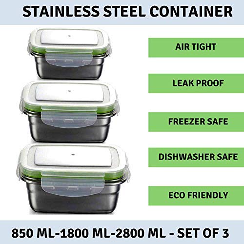 Femora Steel Rectangle Airtight Leakproof Container With Lock Lid Lunch Box | 850 Ml | 1800 Ml | 2800 Ml | Set of 3