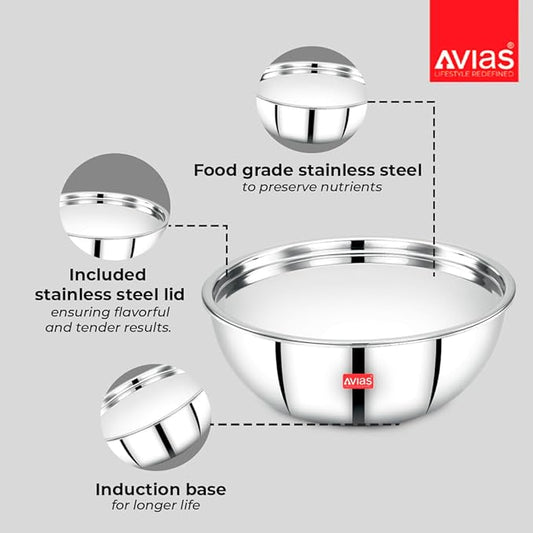 Avias Riara Triply Tasla with Lid Stainless Steel Tasla kadai Induction Friendly 2.5mm Thickness 2 litres 22cm