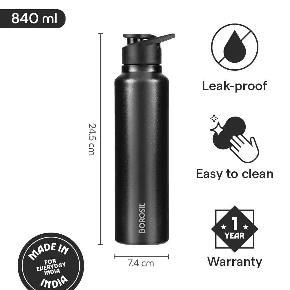 Borosil Sip N Chill Stainless Steel Single Wall Bottle Black 800ml