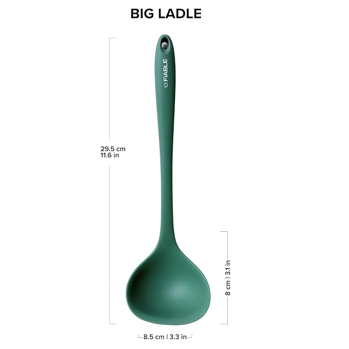 Fiable Premium Silicone Big Ladle for Cooking Deep Ladle for Serving Green