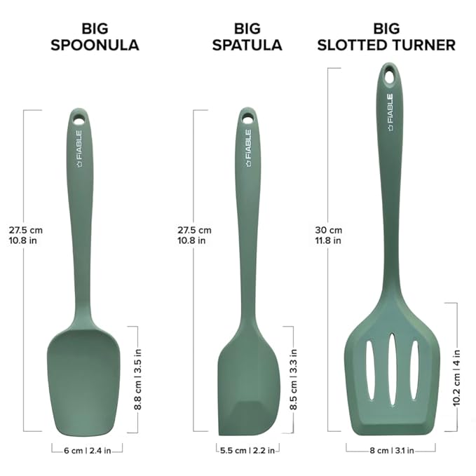 Fiable Premium Big Silicone Spatula for Cooking Set of 3 High Heat Resistant Green
