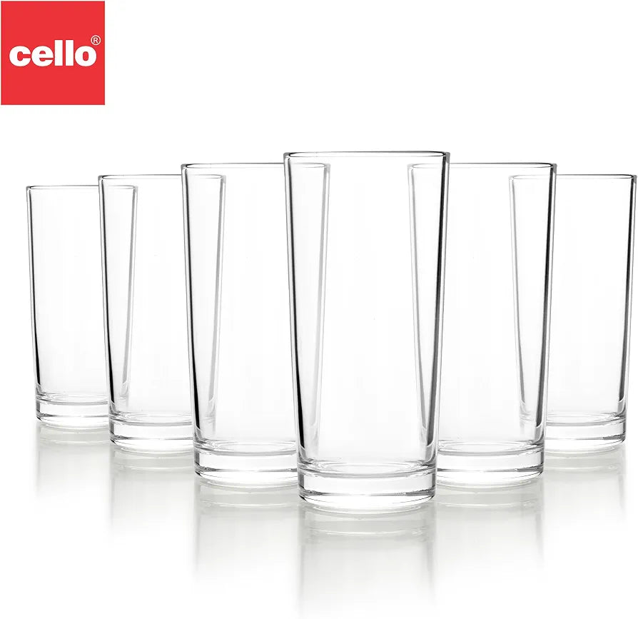 CELLO Liberty Hi-Ball Glass Set of 6 Pcs 250ml, Transparent | Freezer & Fridge Safe, Leadfree Dishwasher Safe Toughened Crystal Clear Glasses Set for Drinking Water Juice Milk Cocktail Mocktail Soda