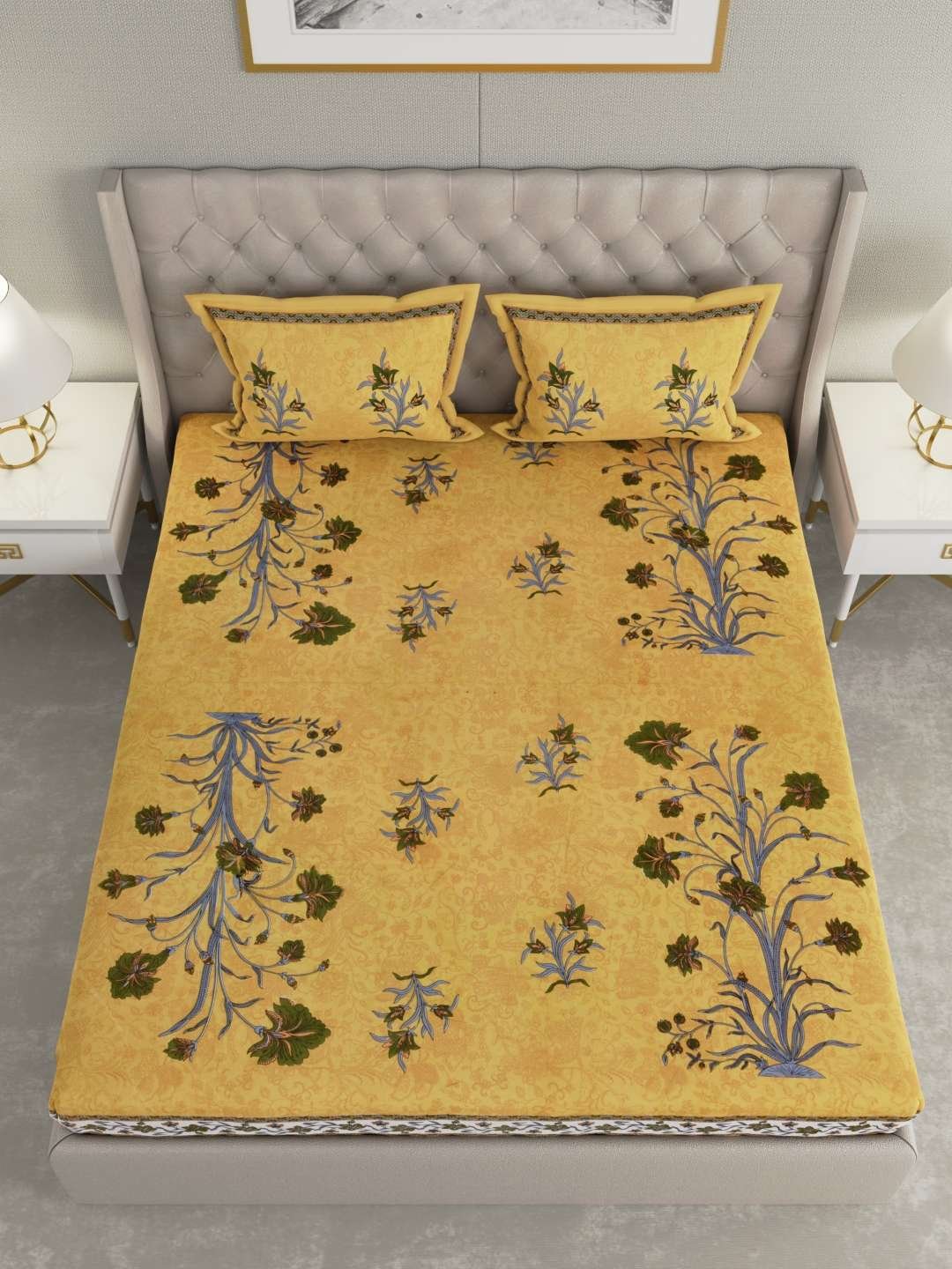 100% Pure Cotton Traditional Printed Bedsheet for Double Bed King Size Bedsheet with 2 Pillow Covers