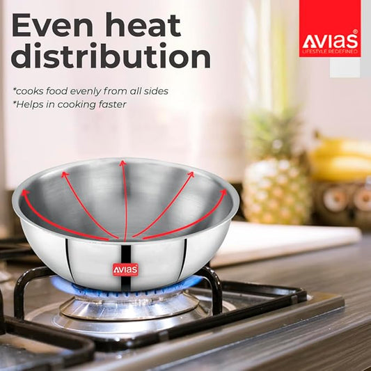 Avias Riara Triply Tasla with Lid Stainless Steel Triply Kadai 2.5mm Thickness 2.5 litres 24cm
