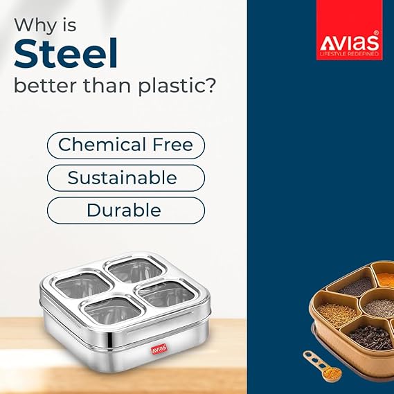 Avias 4 Square Stainless Steel Spice Box With See Through Glass Lid 4 Containers Storage Box Masala Dani