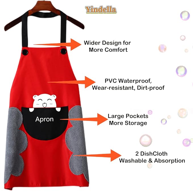 Yindella Kitchen Apron Cute Bear With Center Pocket Hand Towel Women and Men Chef Cooking