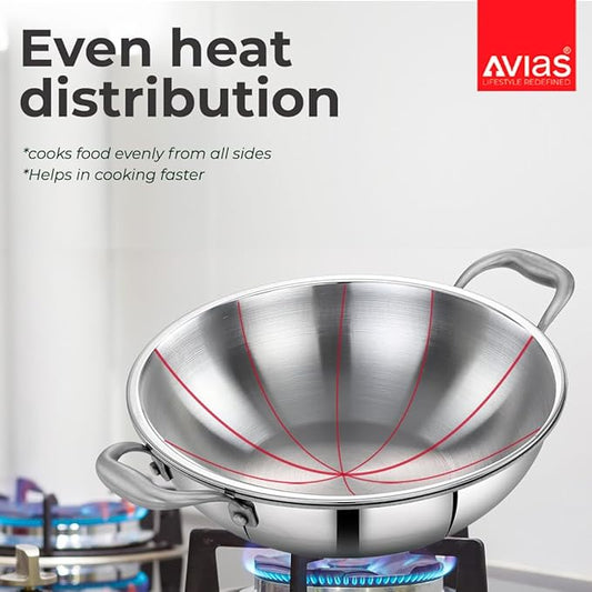 Avias Riara Triply Kadhai with Lid Stainless Steel Kadai 2.5 Mm Thickness 2.5 Litre, 24cm