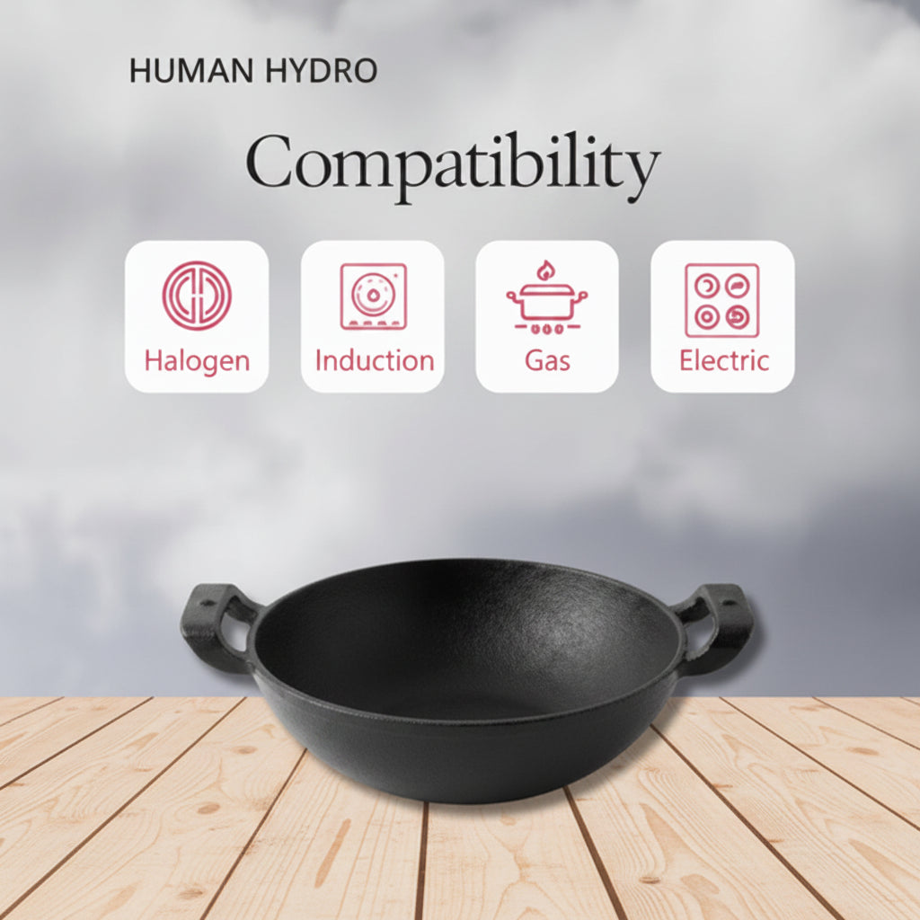 Human Hydro Premium Deliq Range Cast Iron Kadai 25cm 2.2L with Heat-Resistant Silicone Grip Handles Induction Gas
