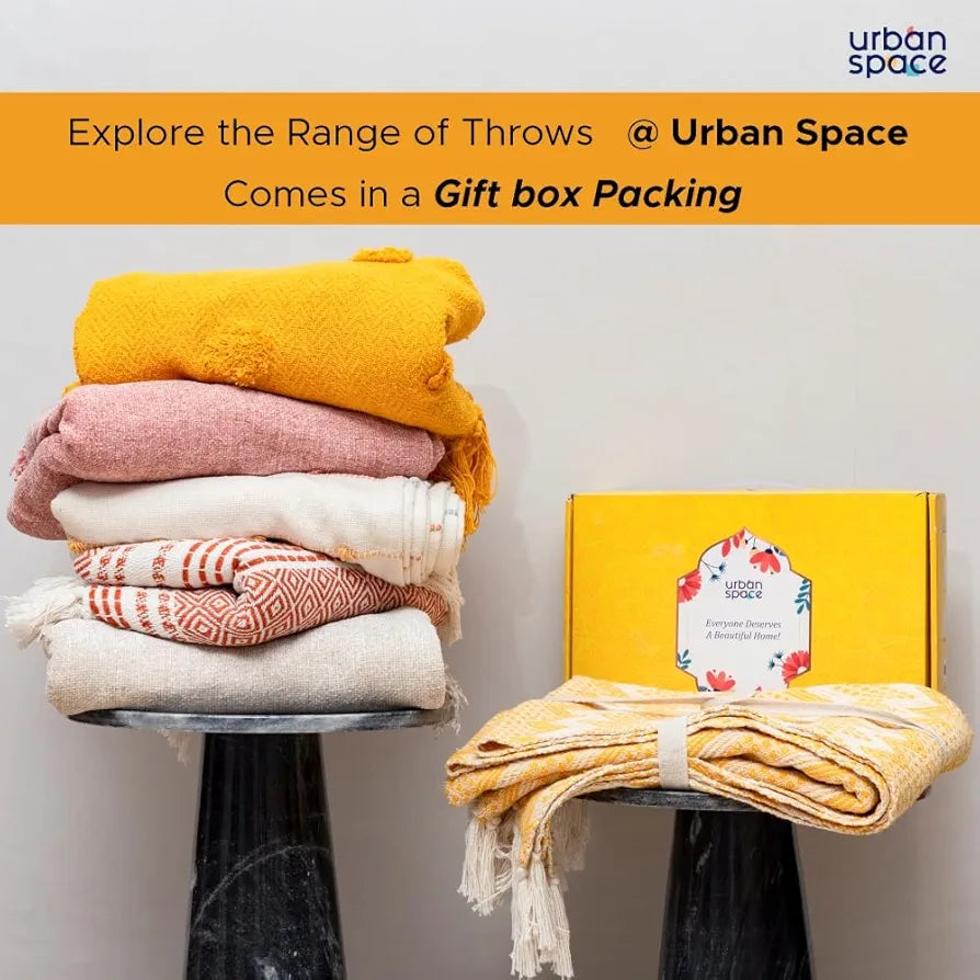 Urban Space Handmade Pure Cotton Sofa Throw Blanket, Soft Decorative Throw for Living Room, Sofa, Chair and Couch, Reversible and Breathable Throw Mustard Colour