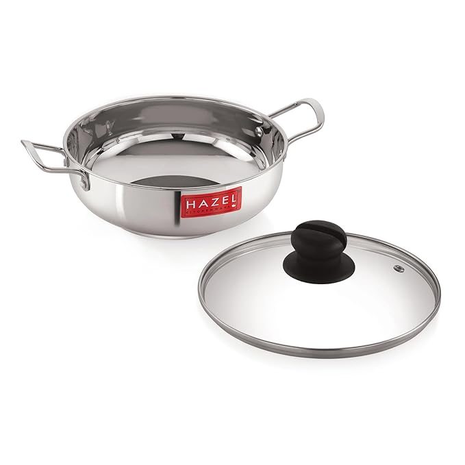 Hazel Induction Base Kadai Stainless Steel Deep Karahi with Glass Lid Cover 1900 Ml