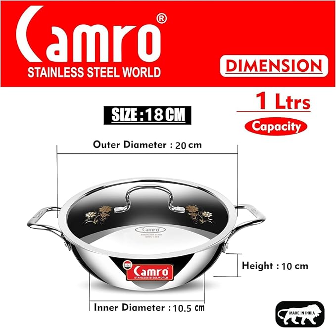 Camro Tripro Triply Signature Kadhai with lid 18 Cm 1 Liters Capacity Stainless Steel Lid for Curry