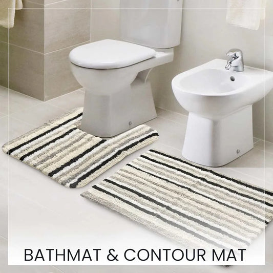 Sashaa World Striped Anti-skid Bathmat & Contour Set Colour Black White & Grey