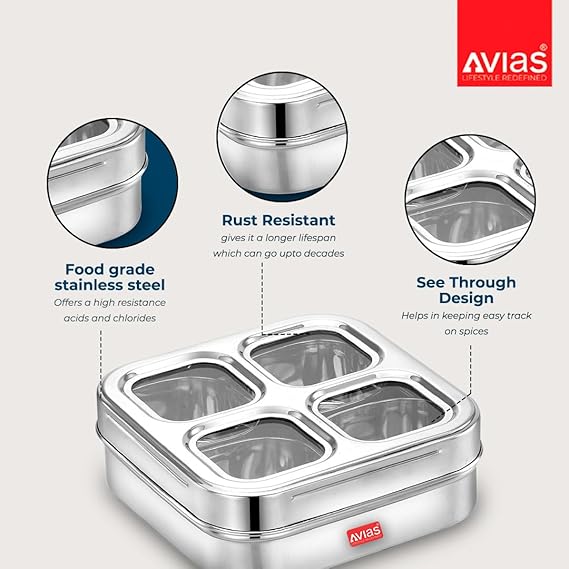 Avias 4 Square Stainless Steel Spice Box With See Through Glass Lid 4 Containers Storage Box Masala Dani