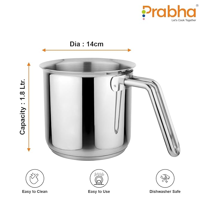 Prabha Heavy Gauge Stainless Steel Milk Pot Milk Boiler 14Cm Diameter Pot 1.8 L with Glass Lid
