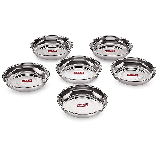 Hazel Stainless Steel Plate Snacks Serving Set of 6 Large Size of 13 cm Set for Kitchen