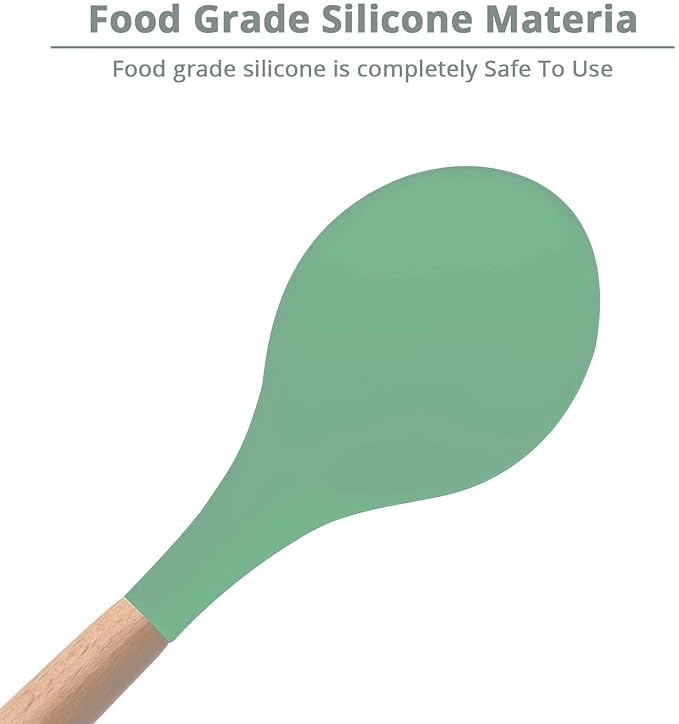 Woodtula Silicone Cooking Utensils Kitchen Utensil Set Heat Resistant Wooden Handles Green