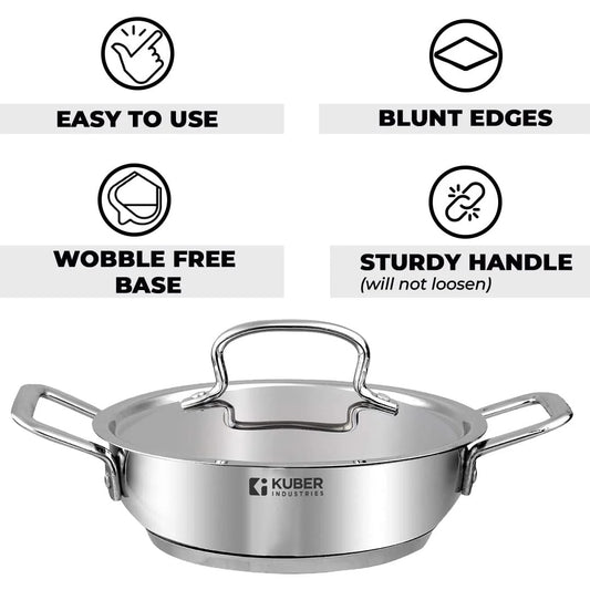 Kuber Industries Stainless Steel Tri-Ply Kadhai 2.2L with Lid + Casserole 2L Induction Base Extra Deep