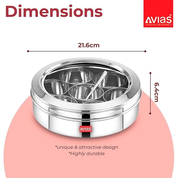 Avias Elegant Stainless Steel Spice Box Cum Organiser With See Through Lid Glass Lid Masala Dani