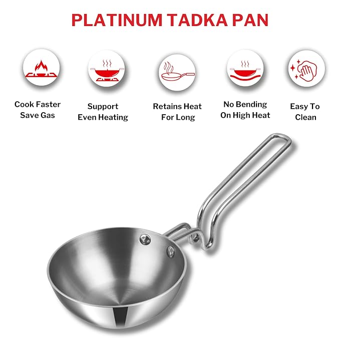 Vinod Platinum Triply Stainless Steel Tadka Pan Jumbo | 400 Ml | 12.5 Cm | Balance Design Handle