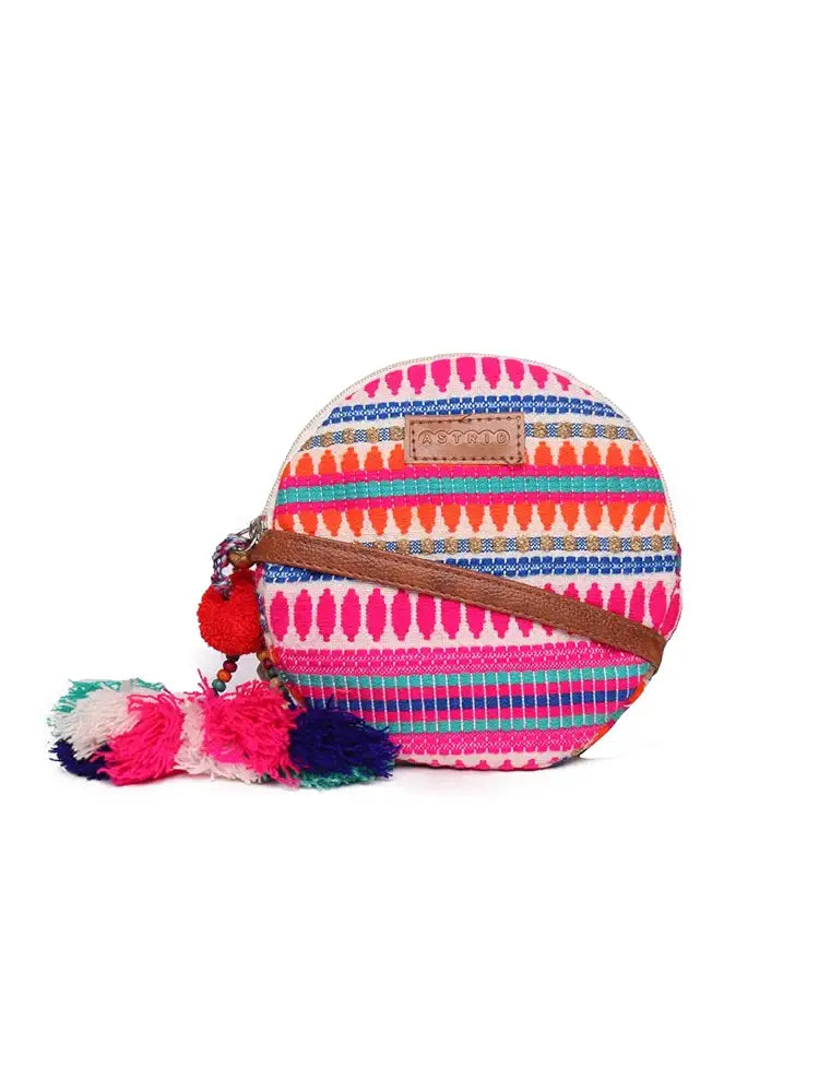 Astrid Round Textured Sling Bag For Girls With Zip Colour Pinkish Purple
