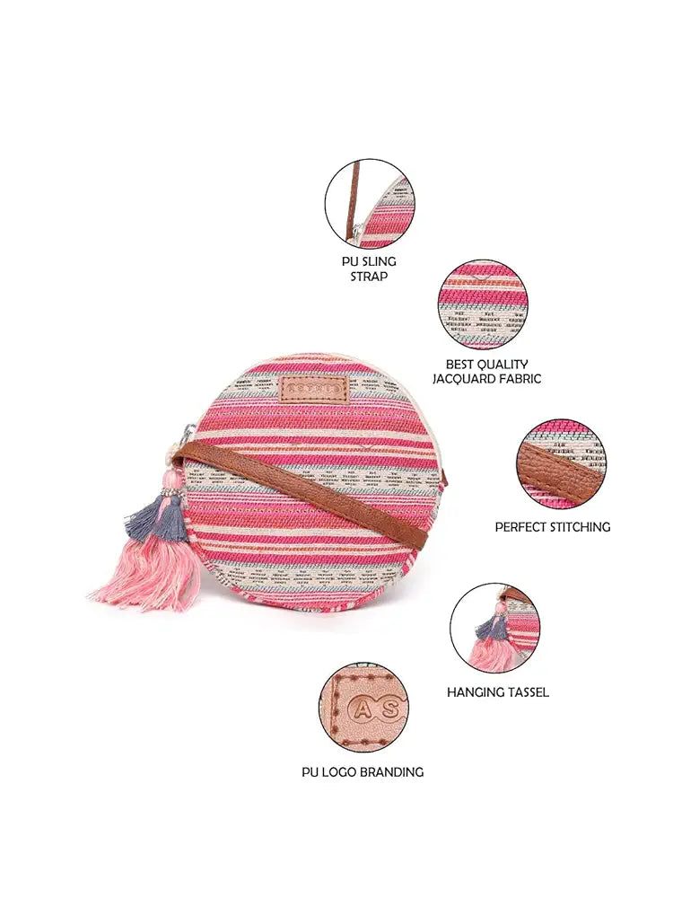 Astrid Round Textured Sling Bag For Girls With Zip Colour Pretty Pink