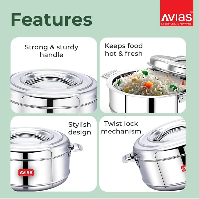 Avias Astra Double Wall Insulated Stainless Steel Casserole 1000ml Hot Box for Kitchen Hot Case
