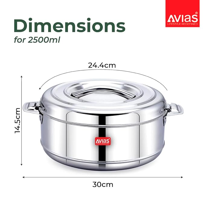 Avias Astra Double Wall Insulated Stainless Steel Casserole 2500ml Hot Box for Kitchen Hot Case with Steel Lid