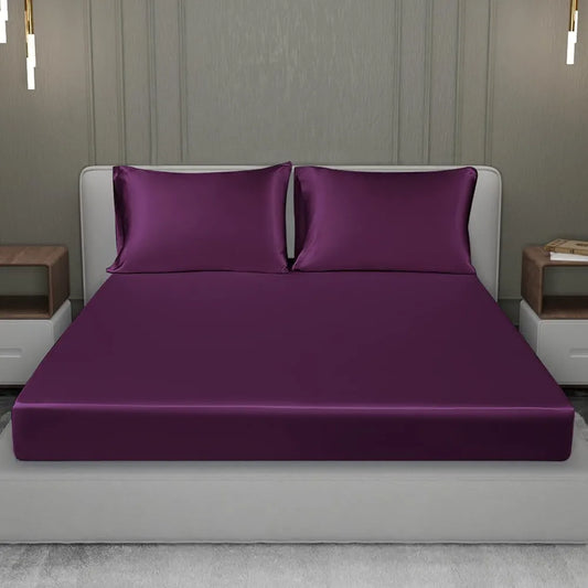 Cloth Fusion Solid 280 TC Satin Elastic Fitted Bedsheet for Double Bed King Size with 2 Pillow Covers Wine
