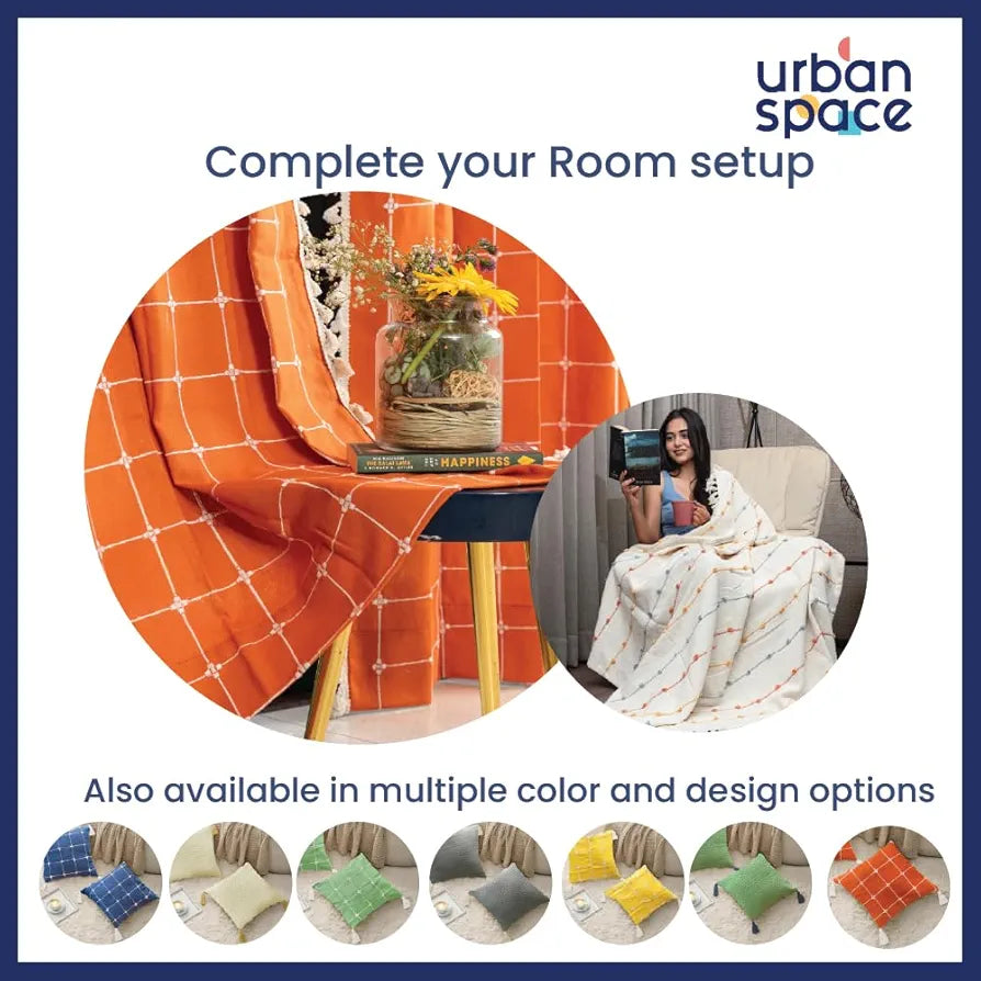 Urban Space Embroidered Cotton Cushion Cover Set of 2 Cushion Covers for Sofa, Bedroom, Living Room Colour Aura Checks Orange