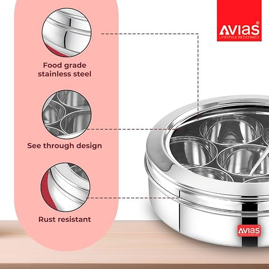 Avias Elegant Stainless Steel Spice Box Cum Organiser With See Through Lid Glass Lid Masala Dani