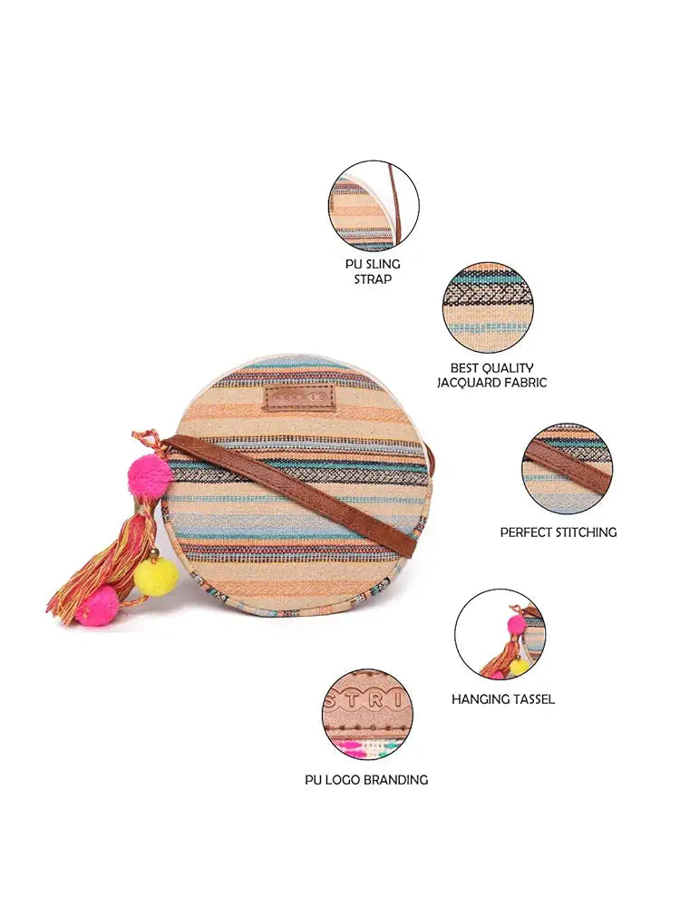 Astrid Round Textured Sling Bag For Girls With Zip