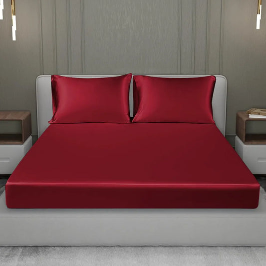 Cloth Fusion Satin Elastic Fitted Bedsheet for Double Bed King Size with 2 Pillow Covers H603 280 TC Crimson Red