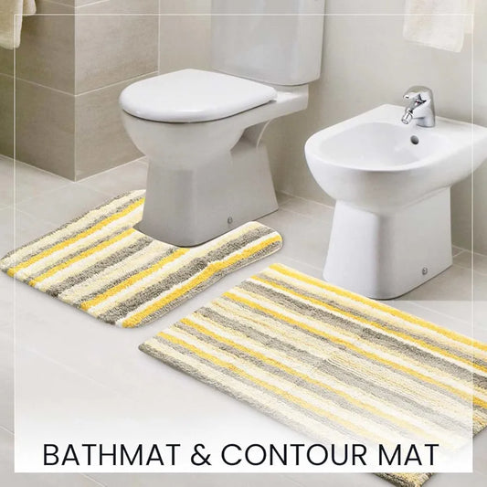 Sashaa World Striped Anti Skid Bathmat And Contour Set Colour Yellow White & Grey Stripe