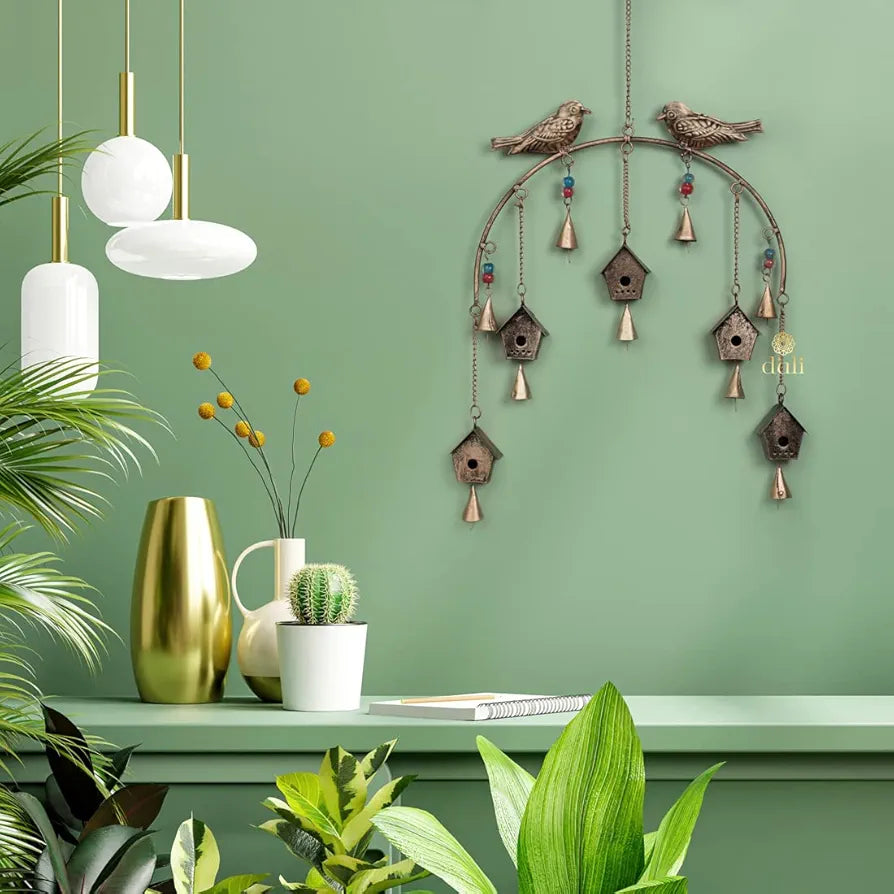 Metal Windchime Wall Hanging Feng Shui Wall Decor Golden BirdHouse