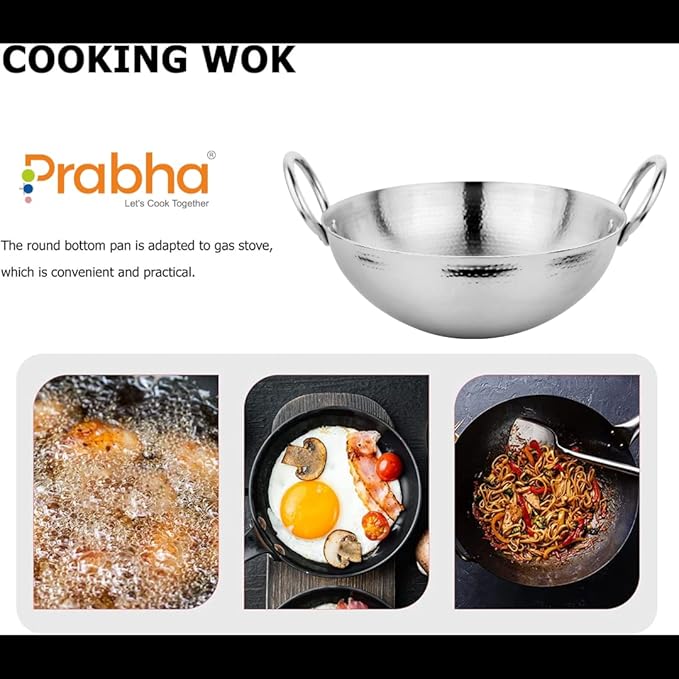 Prabha Stainless Steel Hammered Finish Heavy Gauge Kadhai Kitchen Wok with 3.4L Capacity 280 mm