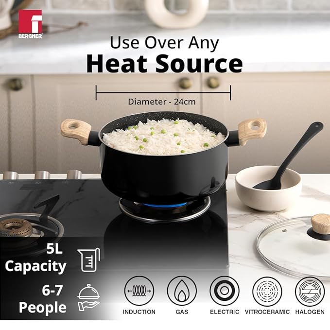 Bergner Bellini Plus Aura 5-layer Non-stick 24 Cm Casserole With Glass Lid | 5 Litres Capacity