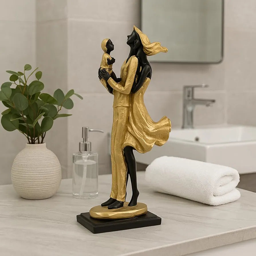 Xtore Lavish Golden Black Resin Couple Statue with Child for Home Decor