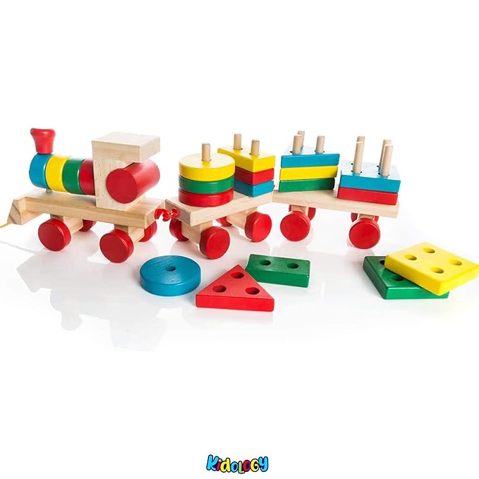 Kidology Wooden Train Geometric Shape Sorter & Stacking Blocks Toddler Toys for Kids