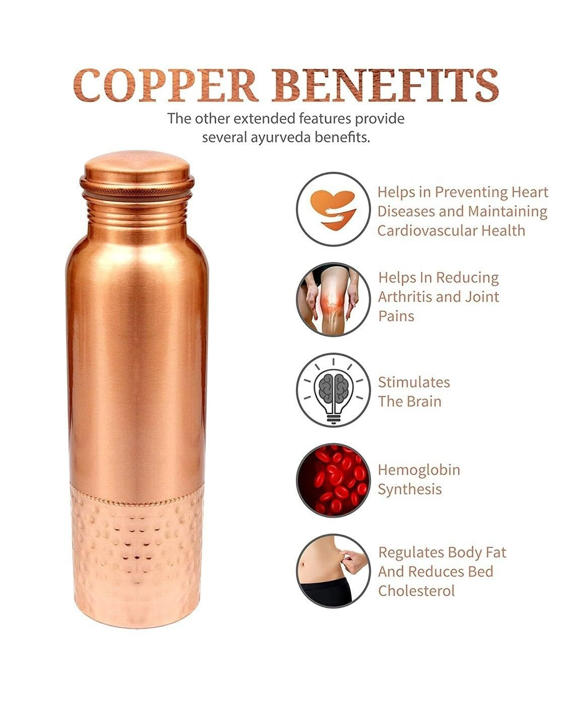 KC Pure Copper Water Bottle with Leak Proof Protection - 1000ml