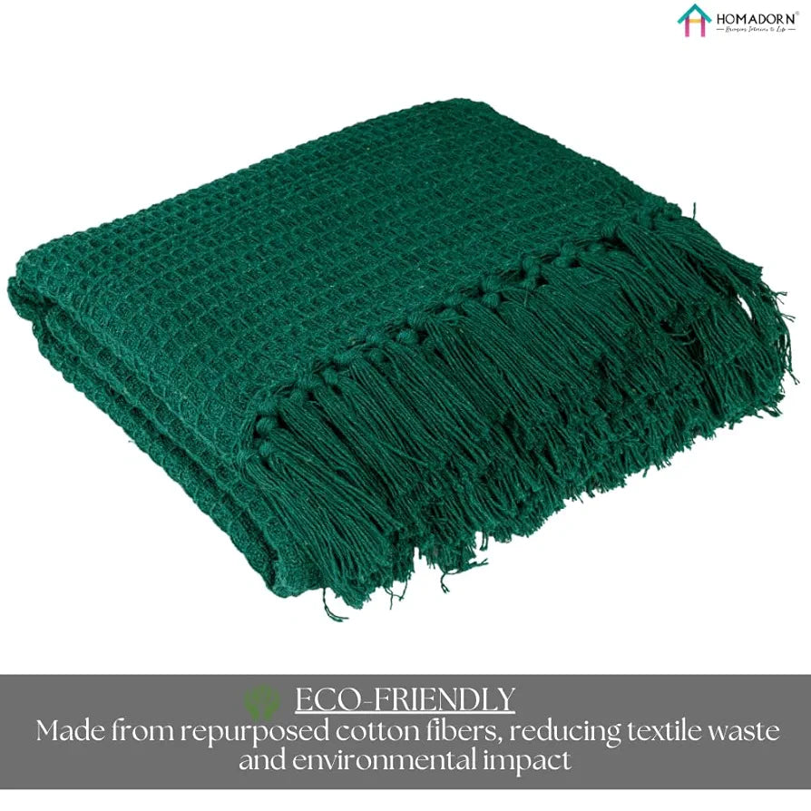 Homadorn Waffle Weave Cotton Throw Blanket Colour Bottle Green